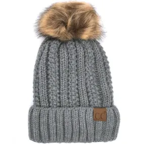 YJ-820 SHERPA LINED BEANIE W/FAUX FUR POM - LIGHT MEL GREY