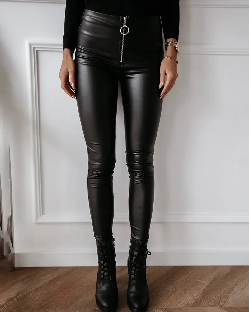 Zip Front High Waist PU Leather Skinny Pants