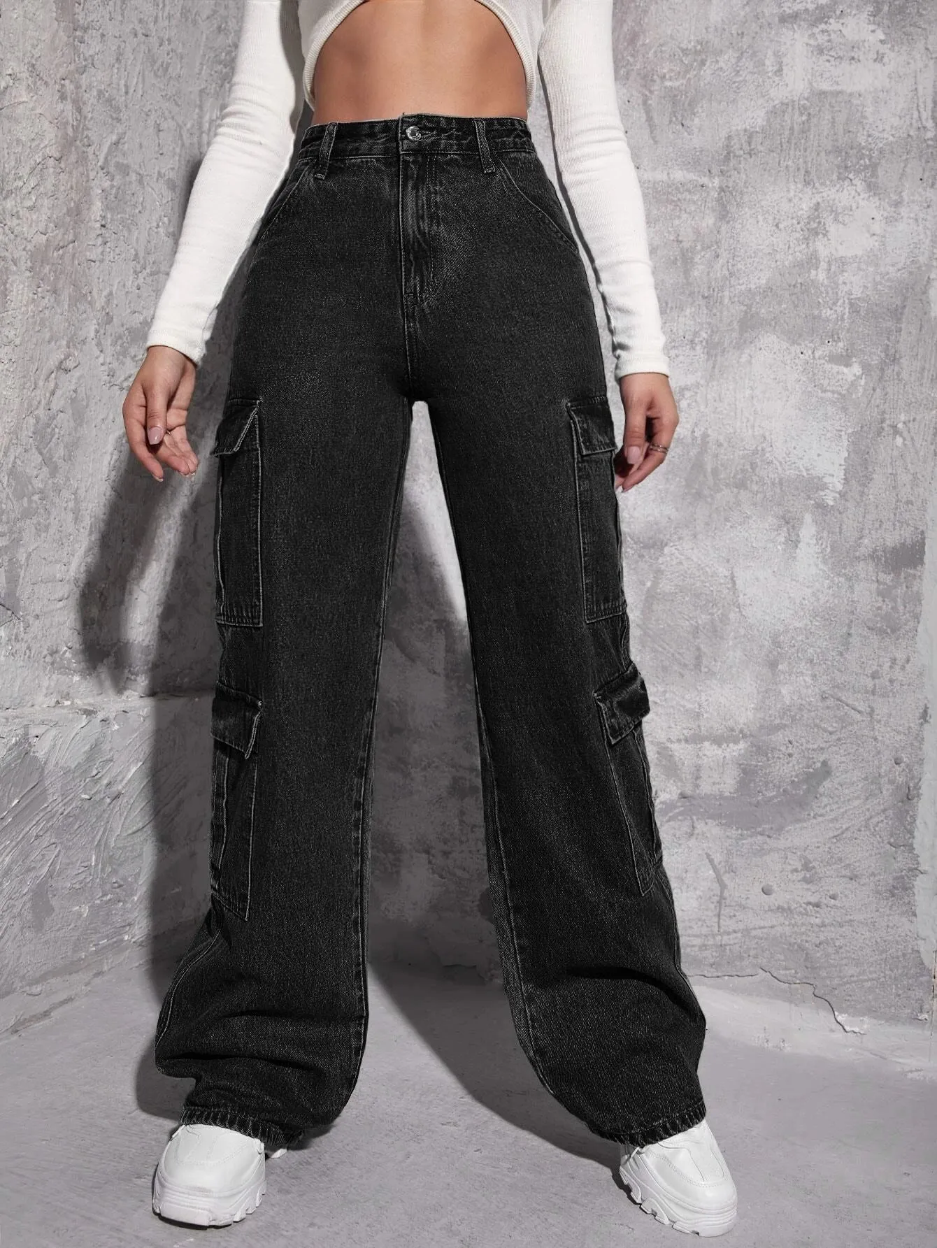 Zipper Fly High Waist Cargo Jeans