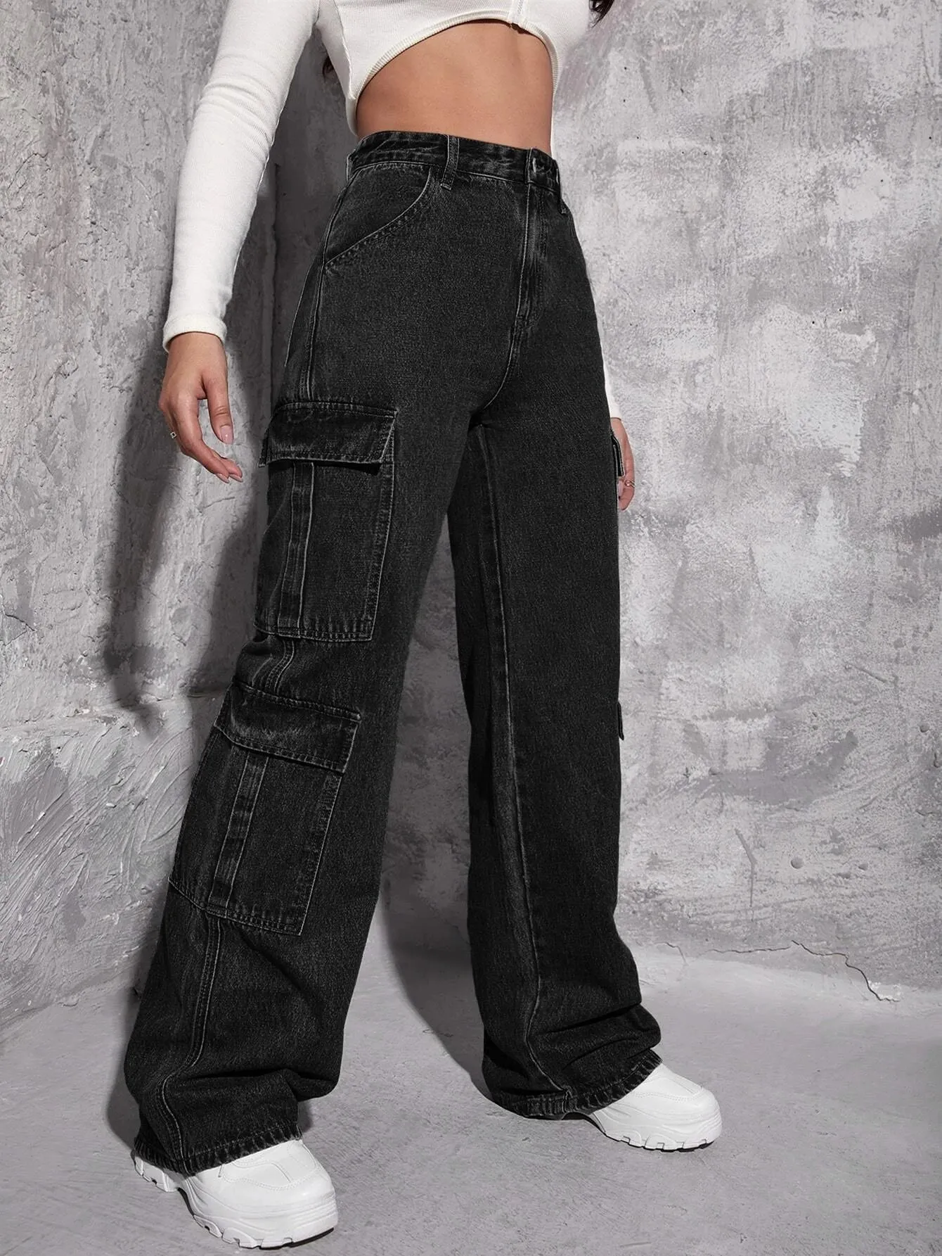 Zipper Fly High Waist Cargo Jeans