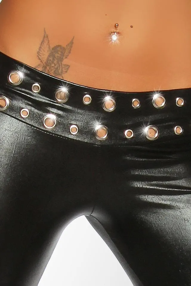 Zippered and Studded Detail Wet Look Leggings